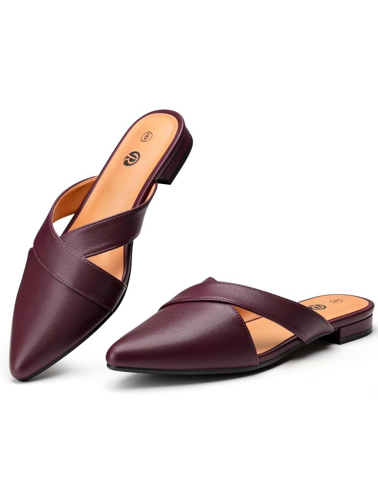 Women's Pu Burgundy Closed Pointed Toe Pull On Backless Soft Suede Mules Flats